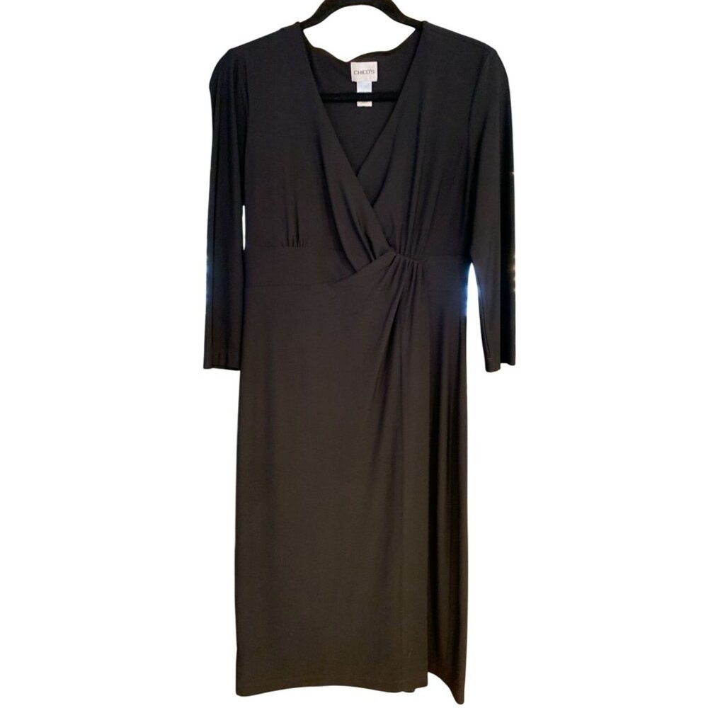 Chicos Black Wrap-Style Dress 3/4 Sleeves Size 0 Baby Doll Classic Women's Eleg
